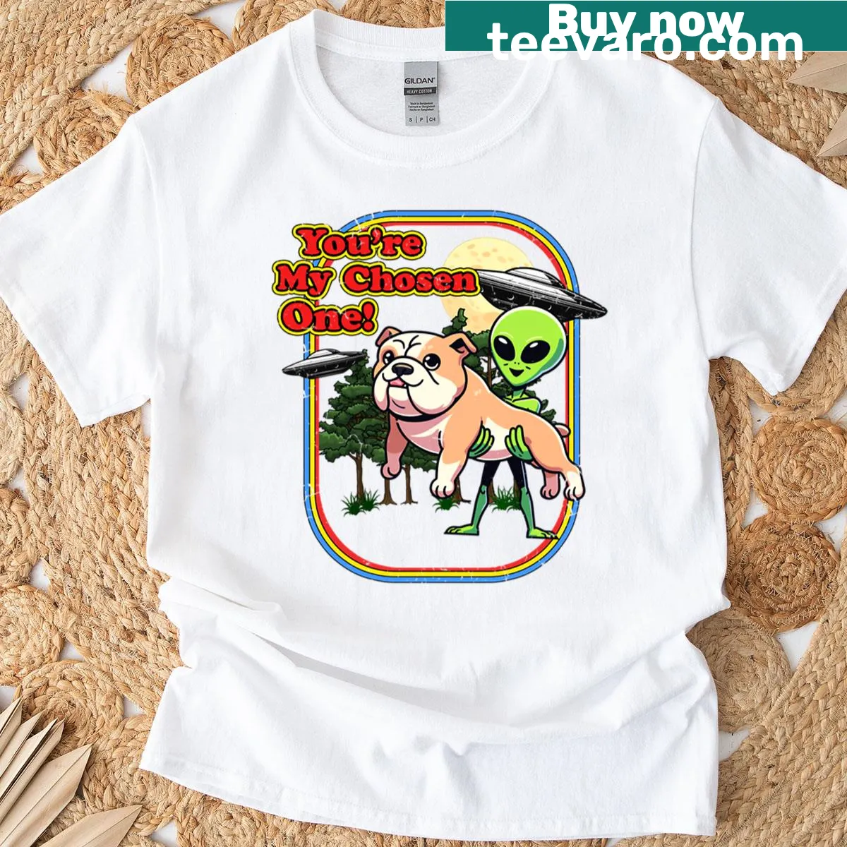 Cartoon-style T-shirt featuring a funny bulldog as an alien — on a men's t-shirt