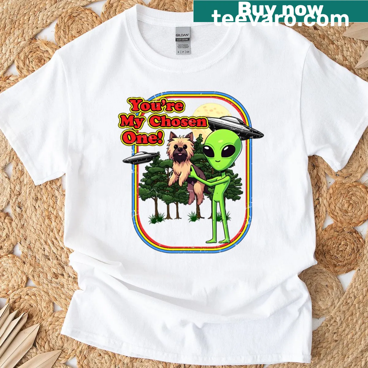Cartoon Cairn Terrier as an alien with UFO design — on a men's t-shirt