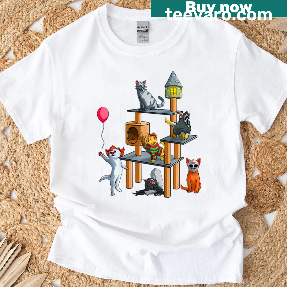Cute Halloween T-shirt with cartoon cats inspired by horror movies — on a men's t-shirt