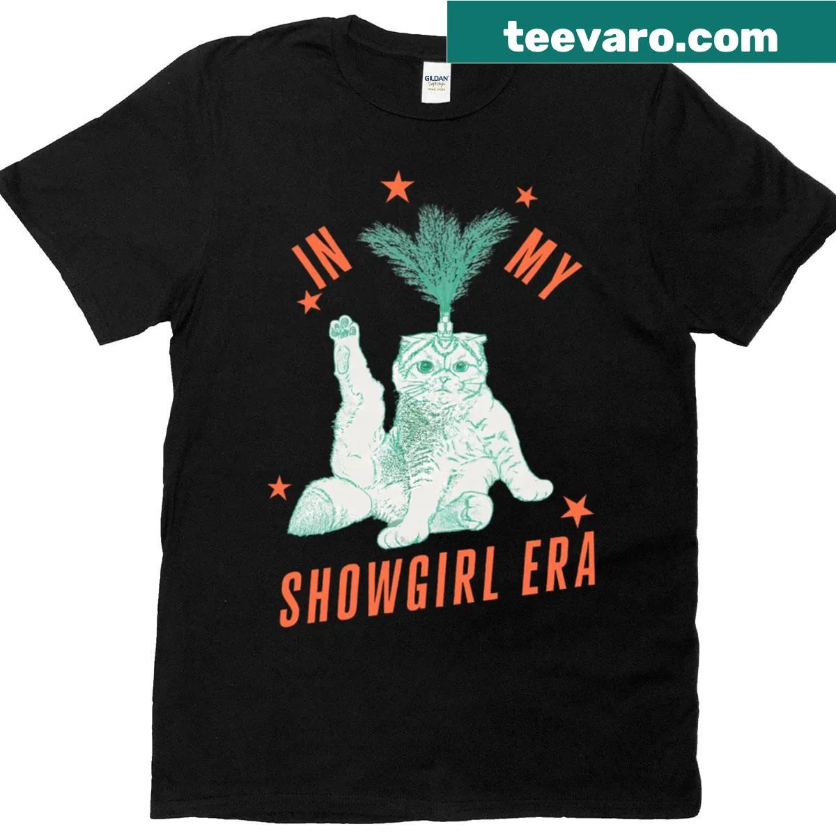 Retro style T-shirt with a cat in a showgirl costume graphic — on a men's t-shirt