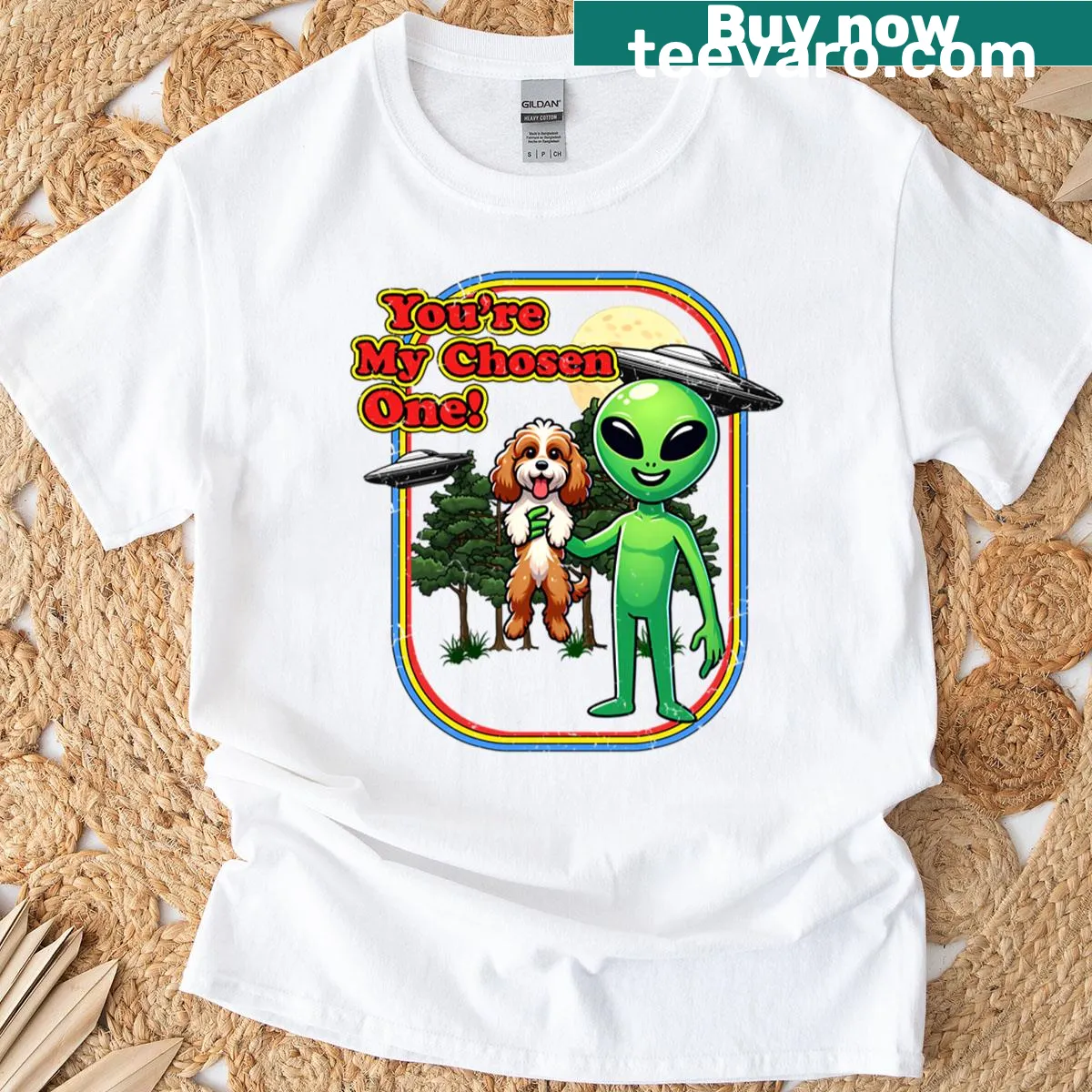 Funny Cavapoo alien graphic t-shirt featuring a cartoon dog and UFO — on a men's t-shirt