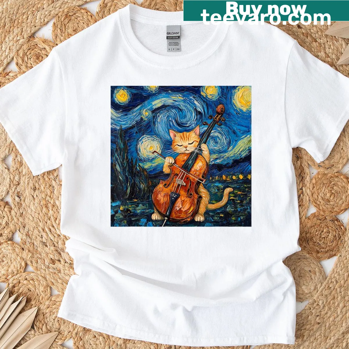 Cartoon cat playing cello in a humorous design T-shirt — on a men's t-shirt