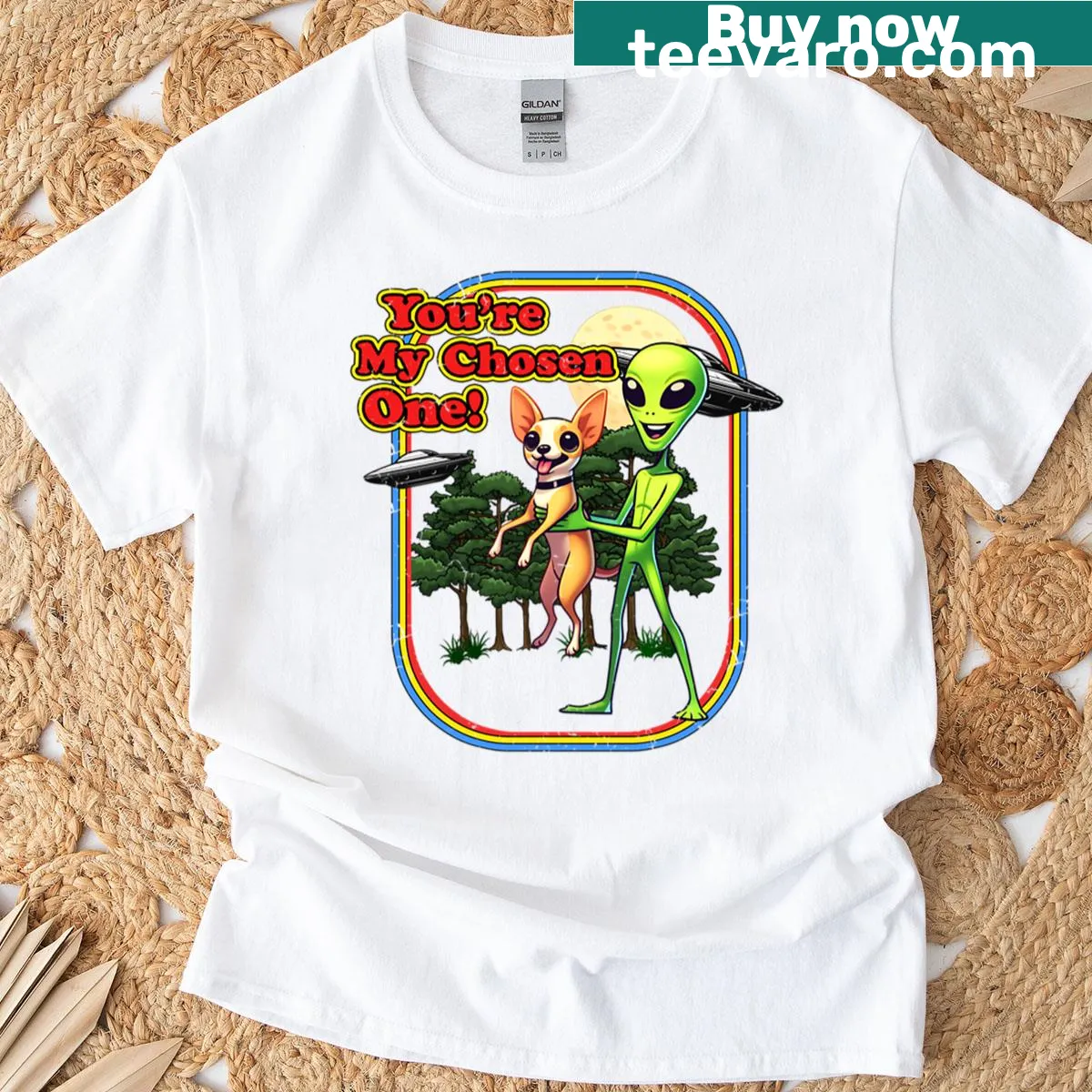 Funny Cavapoo T-shirt featuring an alien chosen one with UFO — on a men's t-shirt