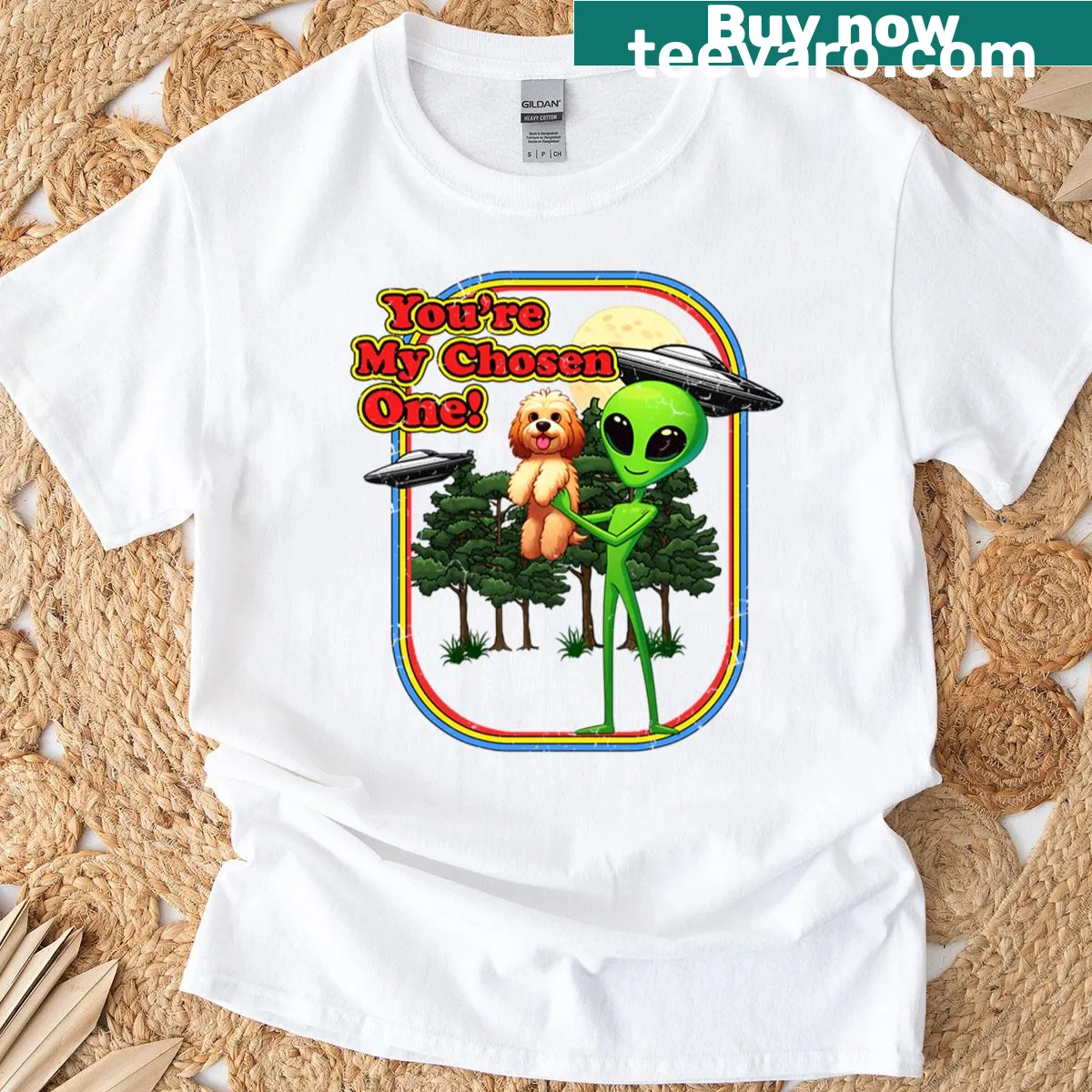 Cartoon Cockapoo alien in a space helmet on a T-shirt — on a men's t-shirt