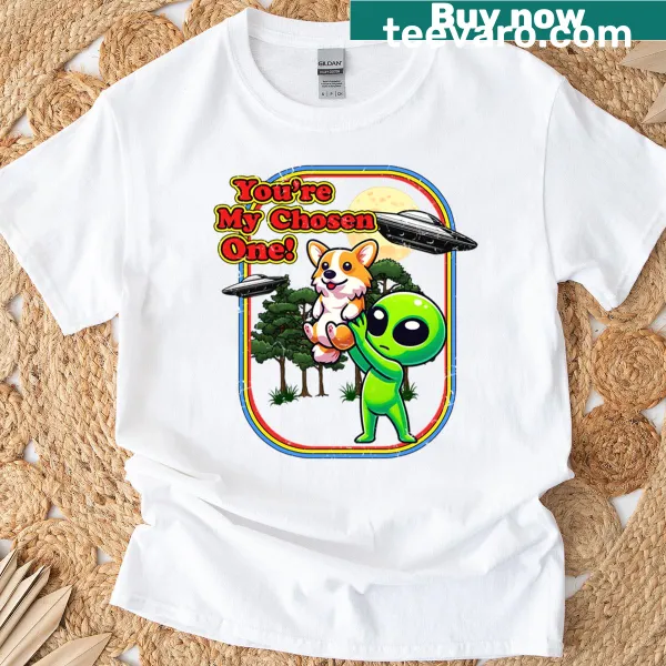 Cartoon Corgi with alien theme graphic