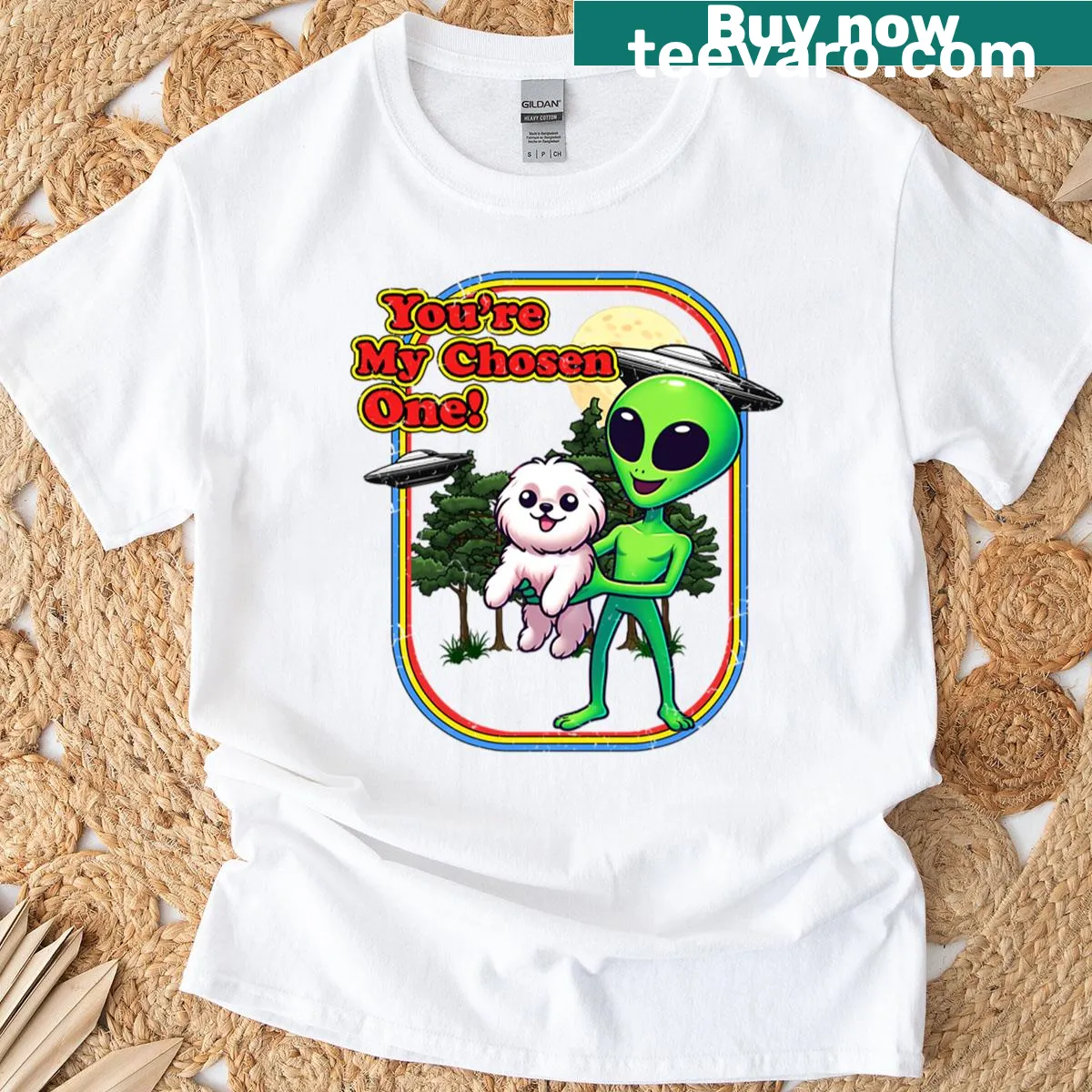 Coton De Tulear cartoon alien graphic with 'Chosen One' text — on a men's t-shirt