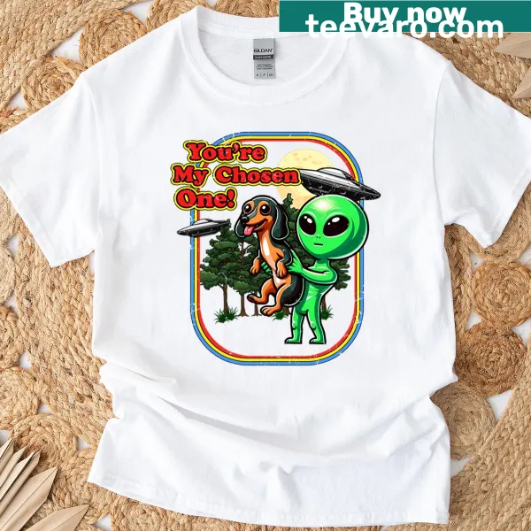 Cartoon alien dachshund graphic on a playful t-shirt