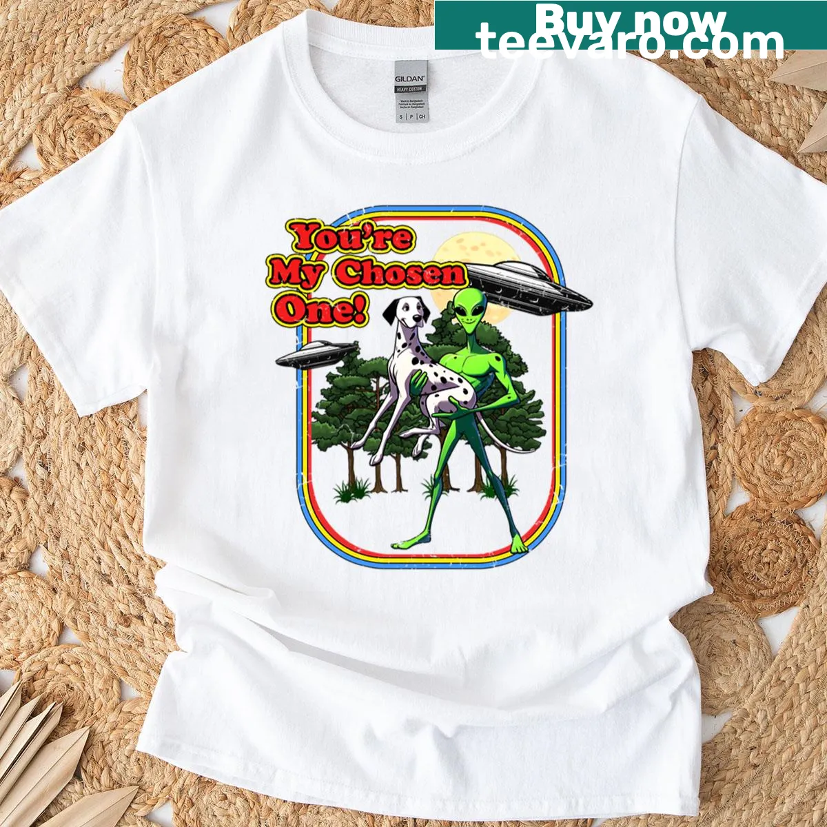Dalmatian cartoon alien graphic with 'Chosen One' text — on a men's t-shirt