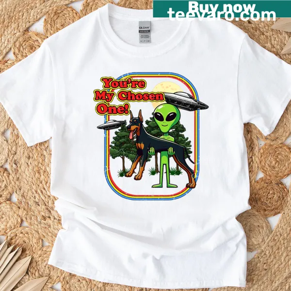 Cartoon T-shirt featuring a Doberman as an alien Chosen One