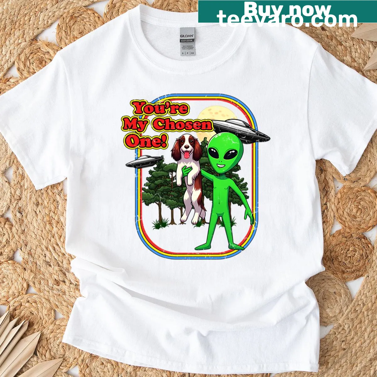 Cartoon English Springer Spaniel alien design with a UFO, humorous for kids — on a men's t-shirt