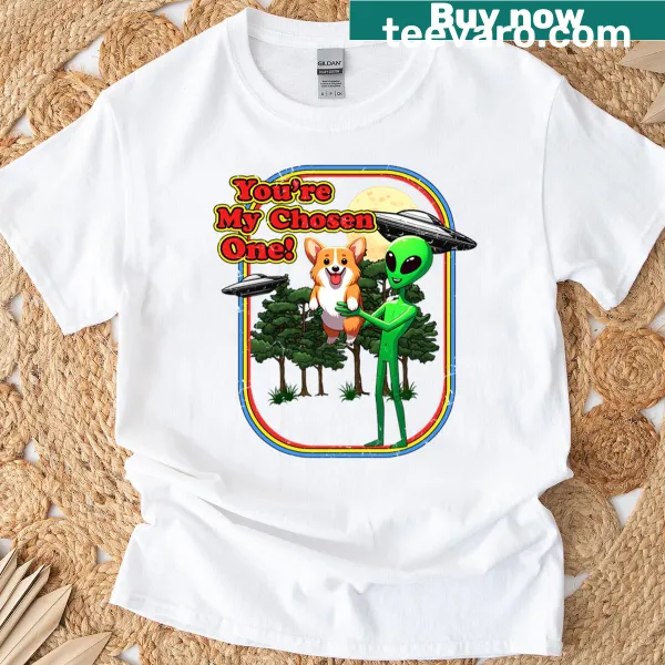 Cute T-shirt featuring a fawn Corgi alien and UFO design