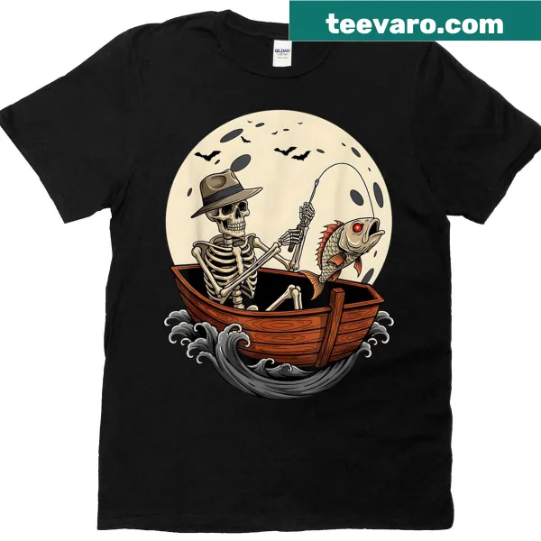 T-shirt depicting a funny fishing skeleton for Halloween