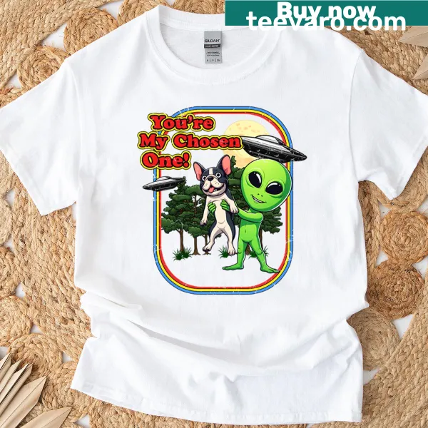 Cartoon Frenchton alien design with a UFO, humorous for kids