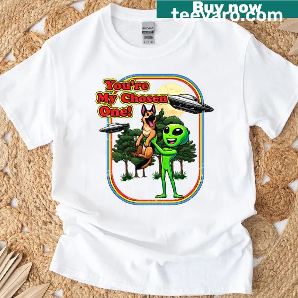 Cartoon German Shepherd as an alien hero graphic