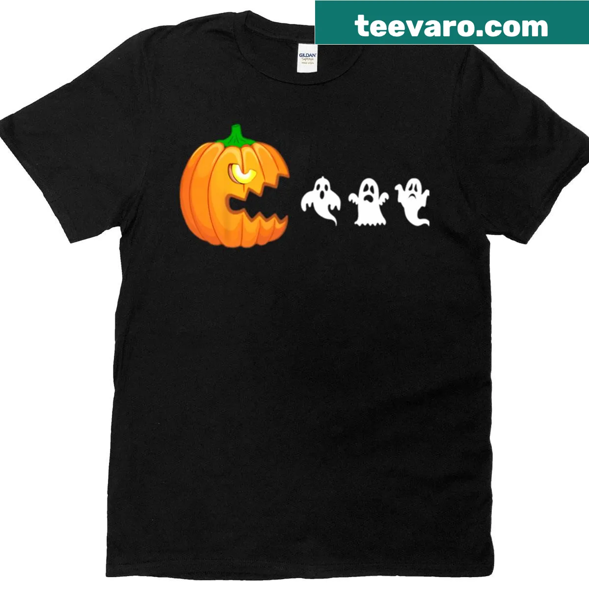 Illustration of a pumpkin-eating ghost for Halloween on t-shirt — on a men's t-shirt