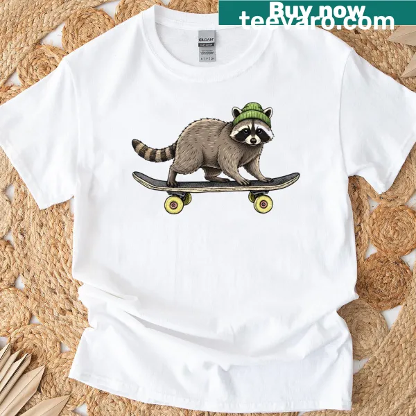 Cartoon raccoon on a skateboard graphic for kids