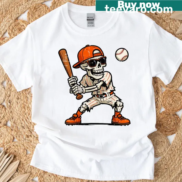 T-shirt featuring a funny skeleton playing baseball for Halloween
