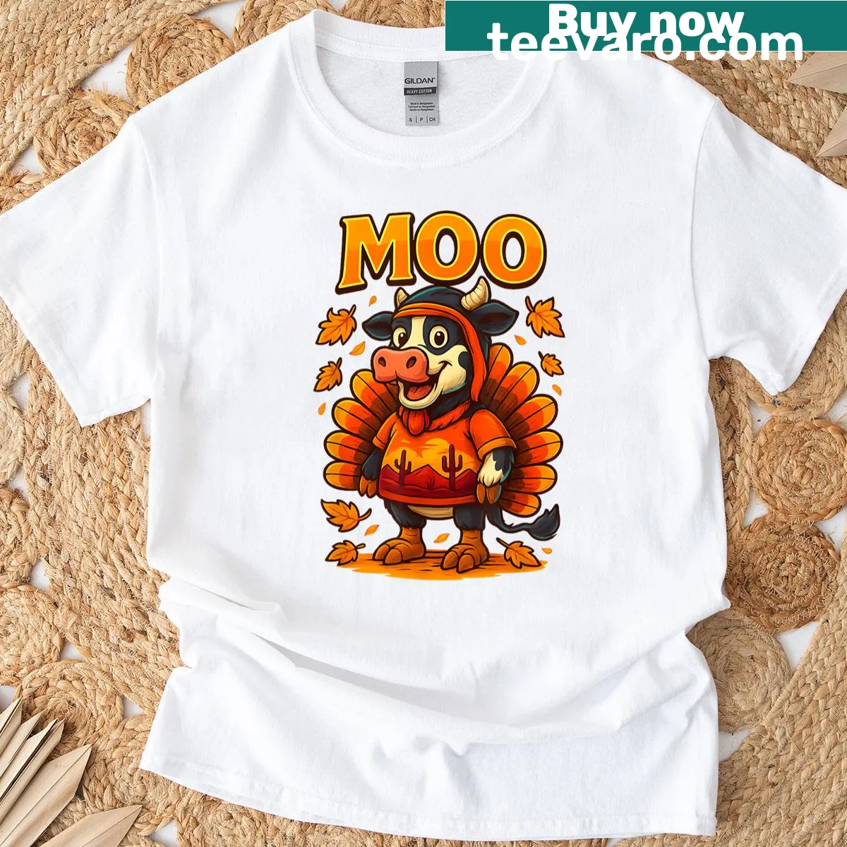 Cartoon cow in turkey costume graphic for Thanksgiving — on a men's t-shirt