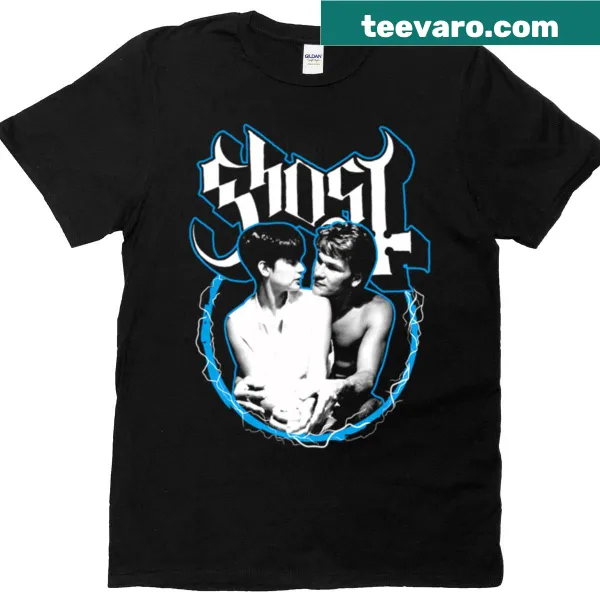 Ghost silhouette in blue on a spooky T-shirt.