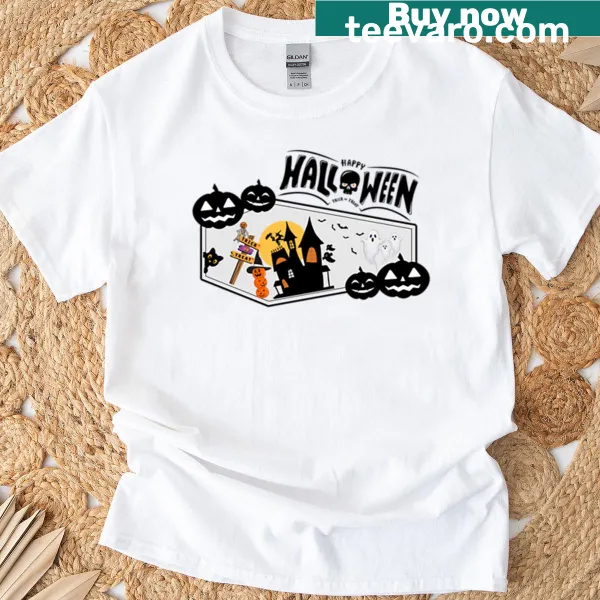 Cute Halloween t-shirt with ghosts, pumpkins, and a haunted house illustration