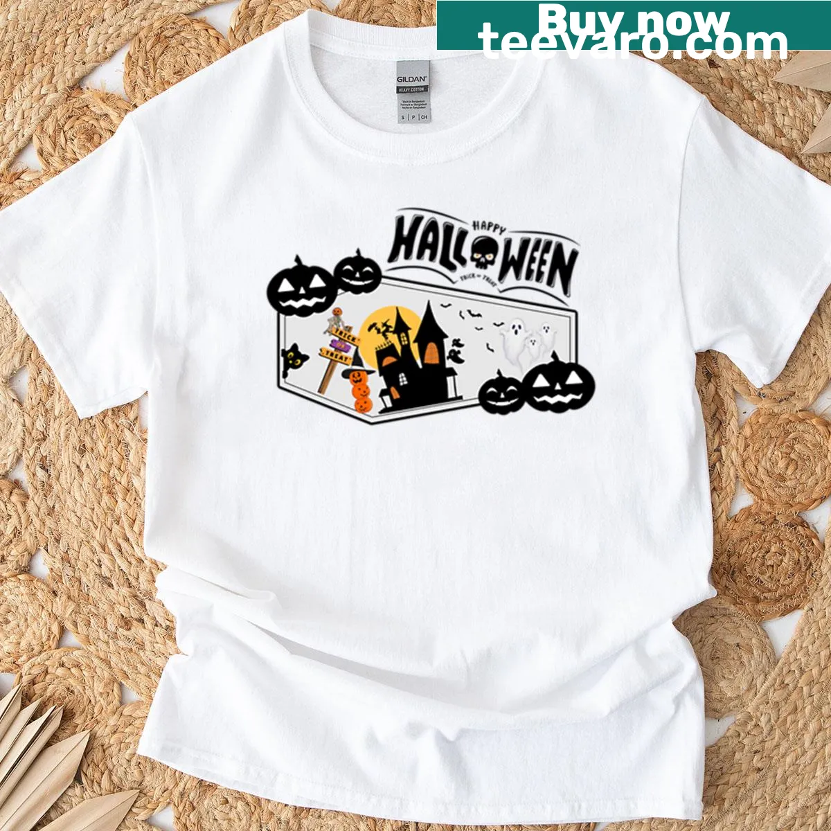 Cute Halloween t-shirt with ghosts, pumpkins, and a haunted house illustration — on a men's t-shirt