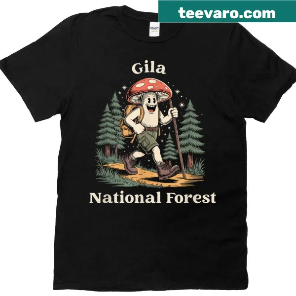 T-shirt featuring Gila National Forest design with hiking and mushroom themes