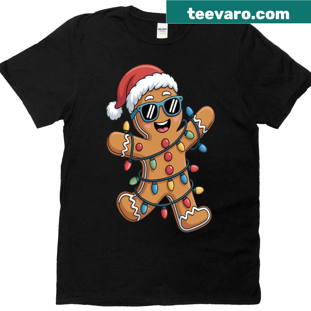 Cute gingerbread man t-shirt with Santa hat and cookies — on a men's t-shirt