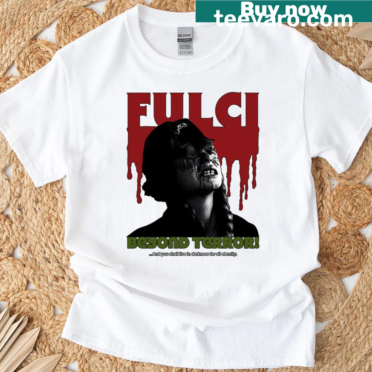 Vintage-style T-shirt featuring Goatess Doomwych art inspired by Fulci — on a men's t-shirt