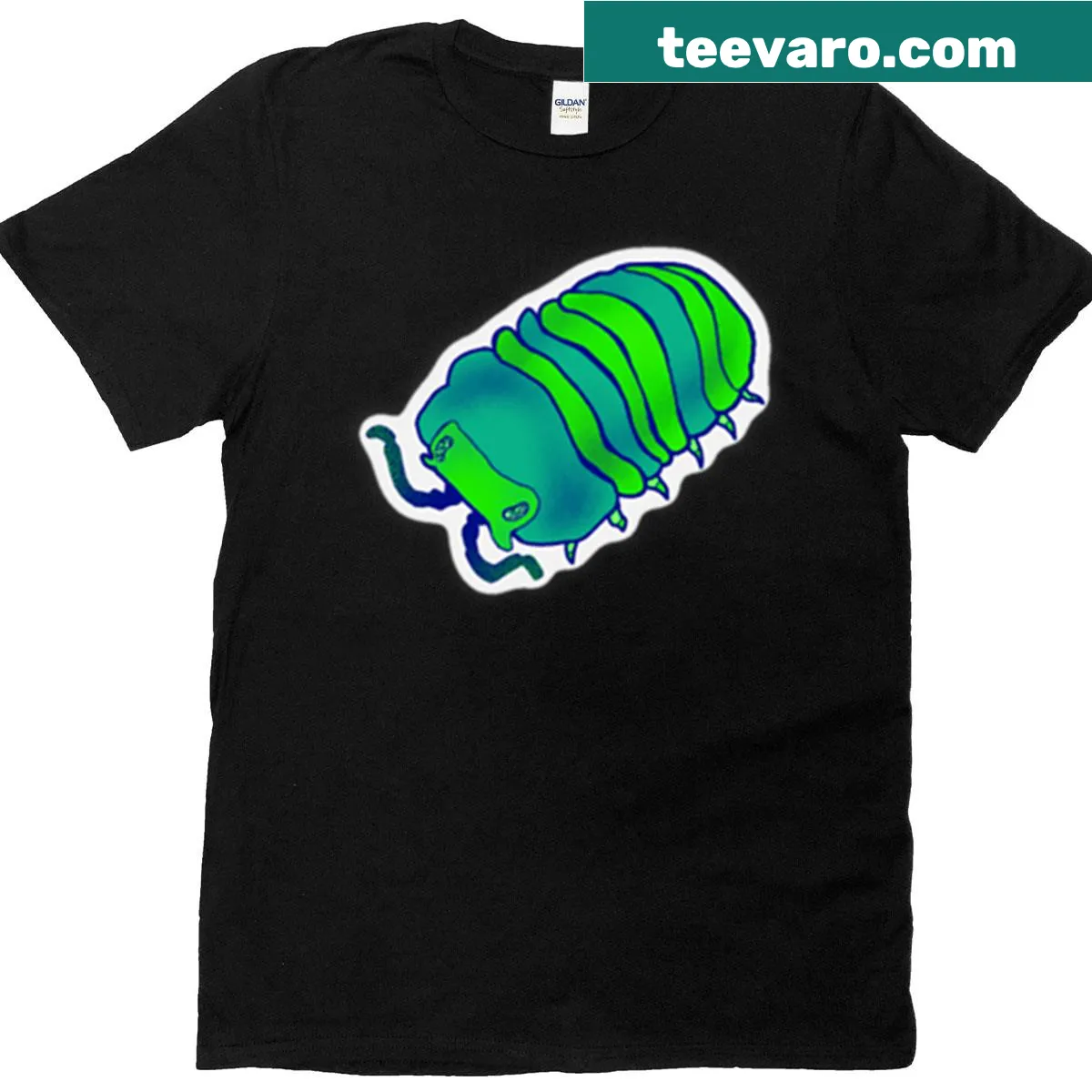 Cartoon-style T-shirt featuring a playful Green Isopod graphic — on a men's t-shirt