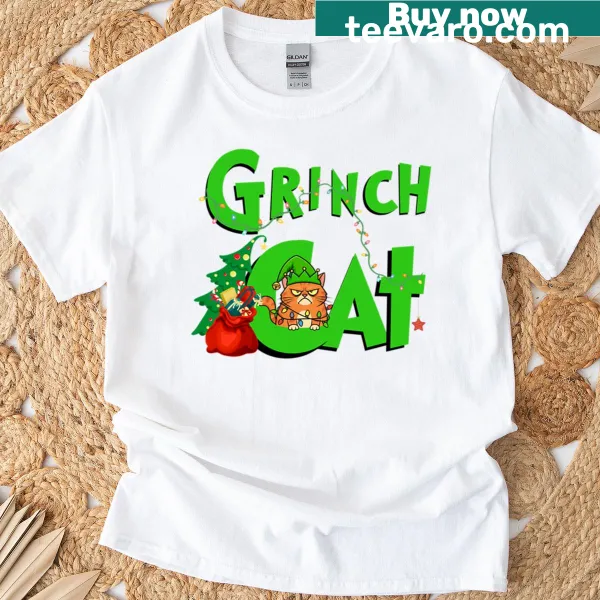 Funny holiday t-shirt with Grinch cat illustration