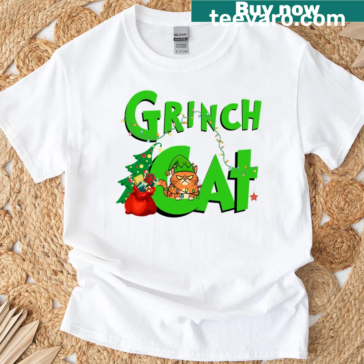Funny holiday t-shirt with Grinch cat illustration — on a men's t-shirt