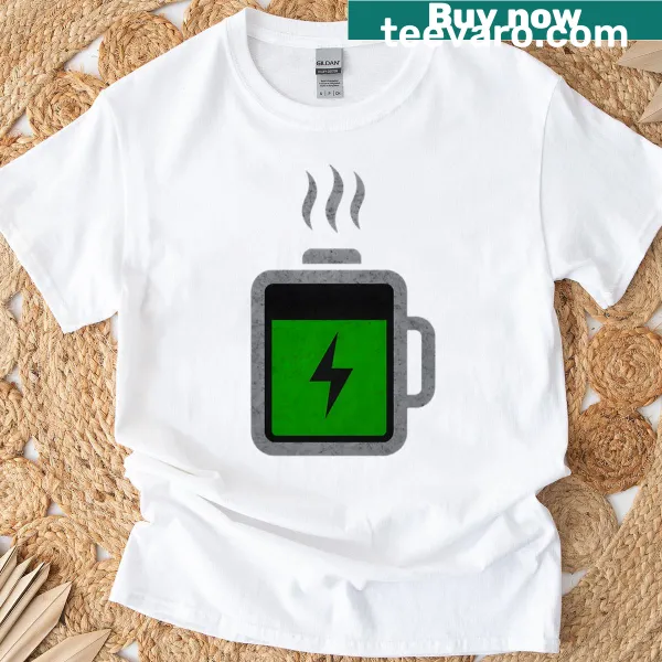 Grunge T-shirt featuring a coffee battery mug design for energy lovers