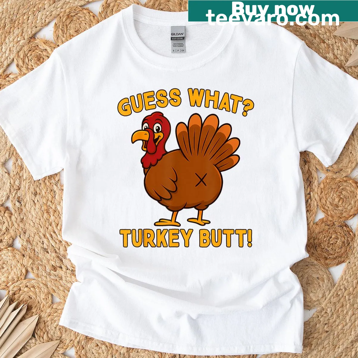 Funny Thanksgiving T-shirt with cartoon turkey and humorous text — on a men's t-shirt