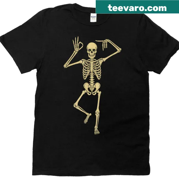 Cartoon skeleton dancing design on Halloween-themed t-shirt
