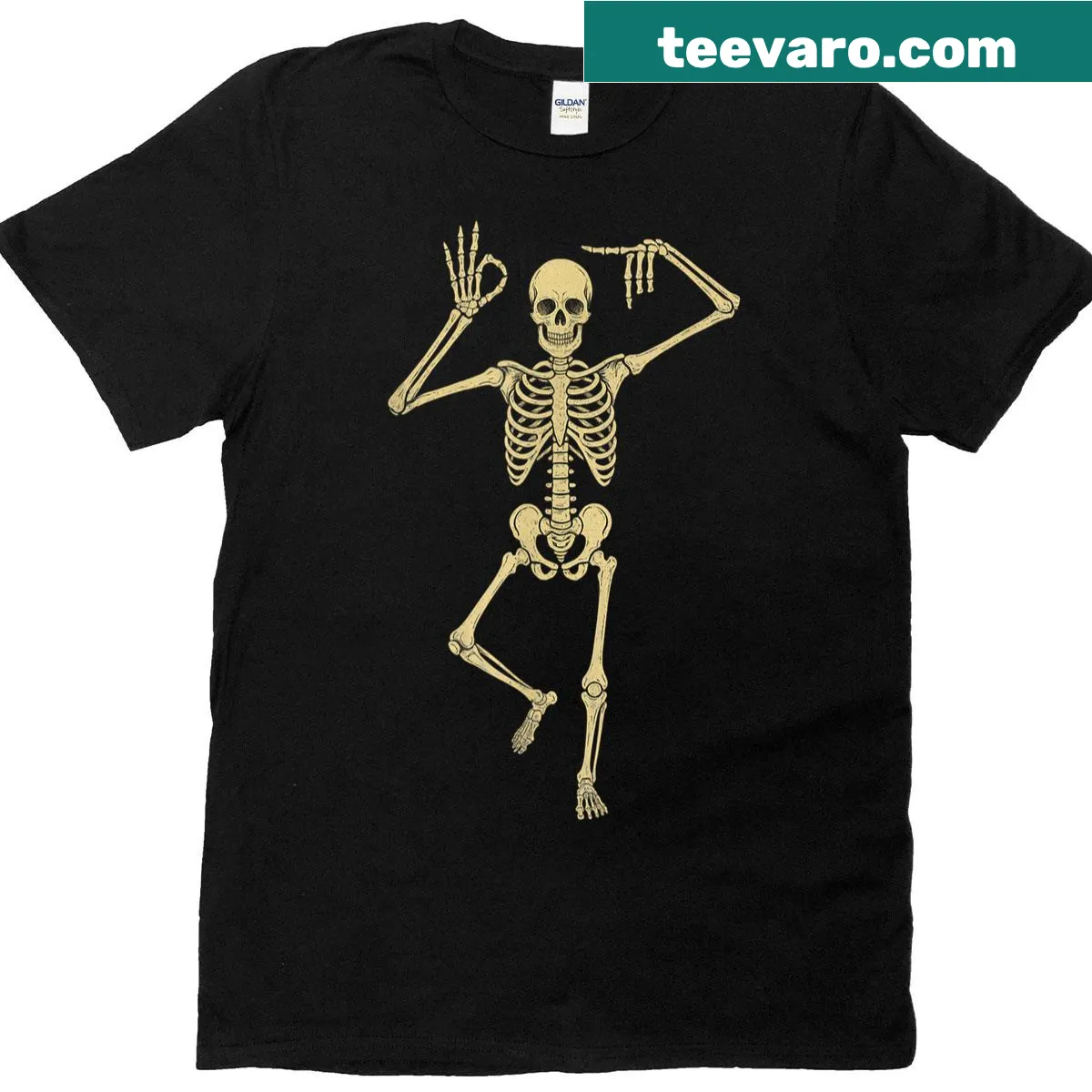 Cartoon skeleton dancing design on Halloween-themed t-shirt — on a men's t-shirt
