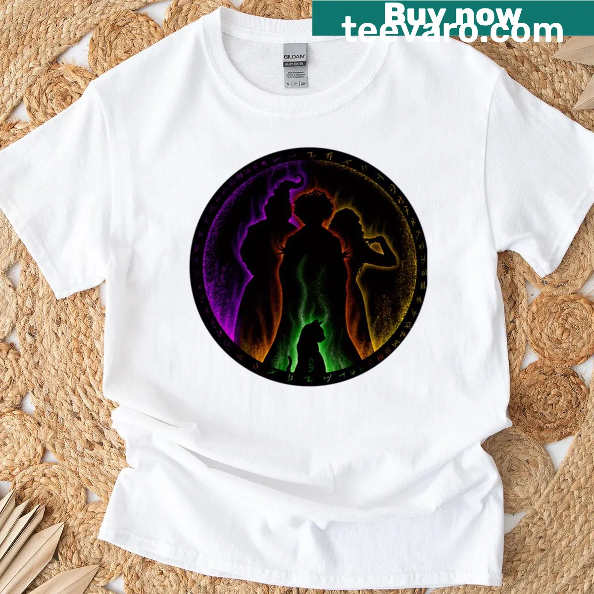 Retro T-shirt with witches graphic celebrating 80s movie magic — on a men's t-shirt