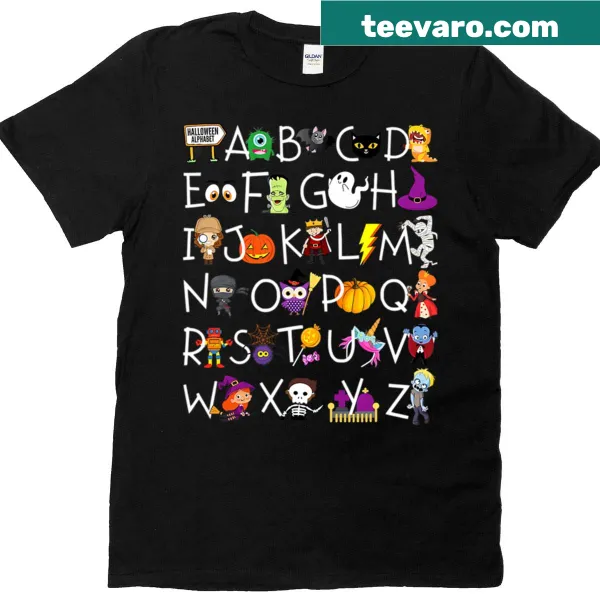 Spooky alphabet graphic T-shirt for teachers.