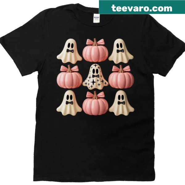 Cute ghost with bow and pumpkin for Halloween on t-shirt
