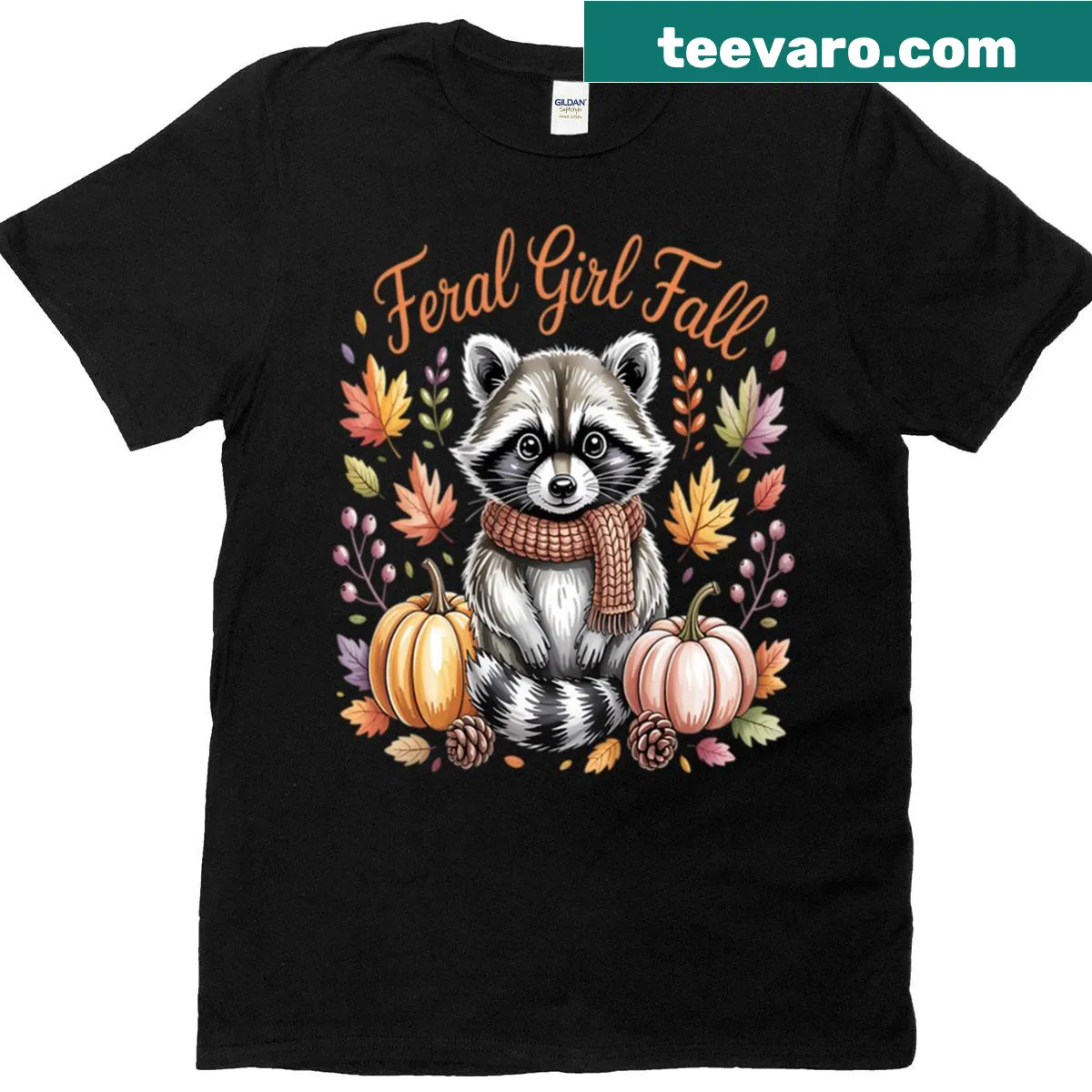 Cute t-shirt depicting a feral girl with fall elements for Halloween — on a men's t-shirt