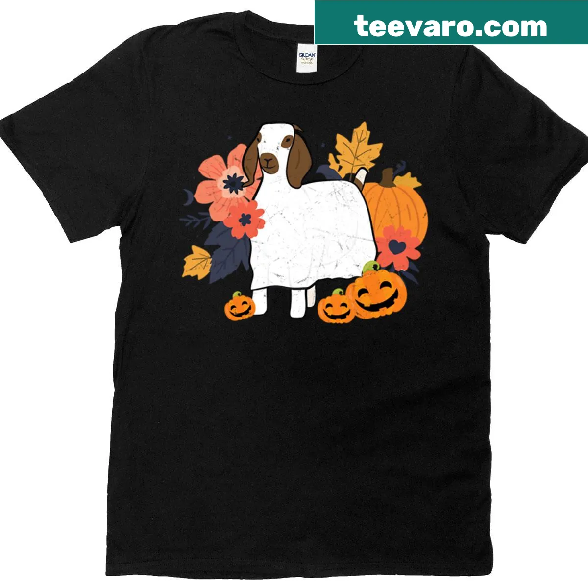 Cartoon goat dressed as a ghost with a pumpkin bucket for Halloween — on a men's t-shirt