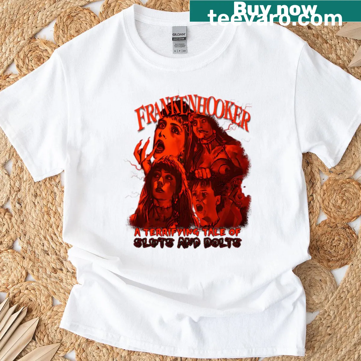 Funny T-shirt featuring cartoon graphics of cult horror films — on a men's t-shirt