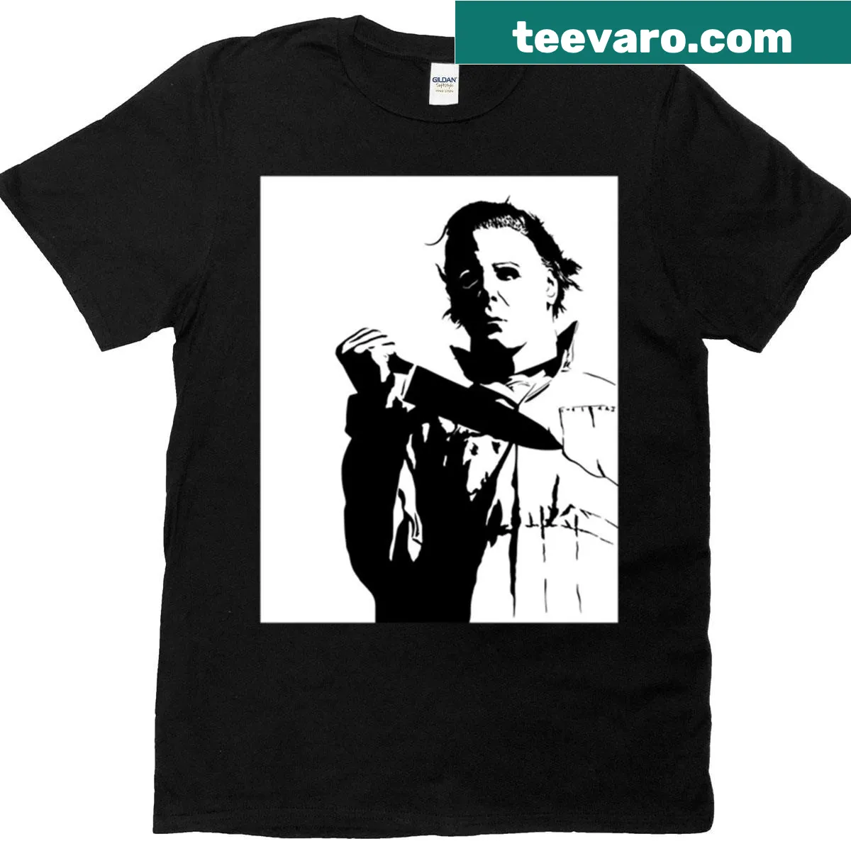 Michael Myers themed Halloween T-shirt featuring bold graphic of the character — on a men's t-shirt