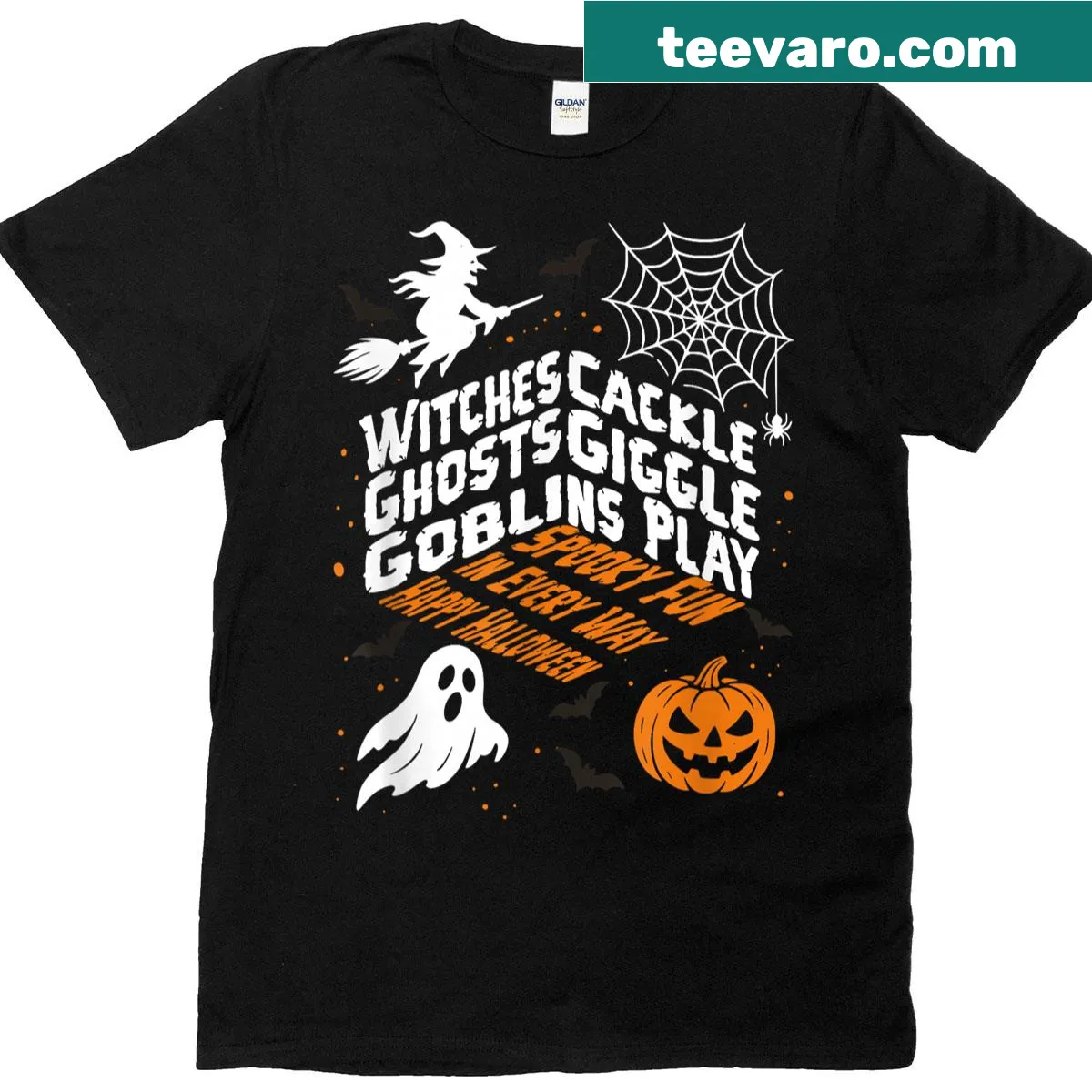 Fun Halloween quote graphic T-shirt featuring witches, ghosts, and goblins — on a men's t-shirt