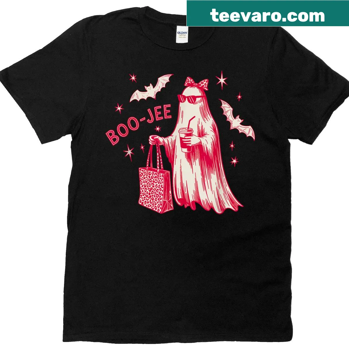 Cute women’s Halloween T-shirt featuring Boo-jee pink ghost and bag — on a men's t-shirt