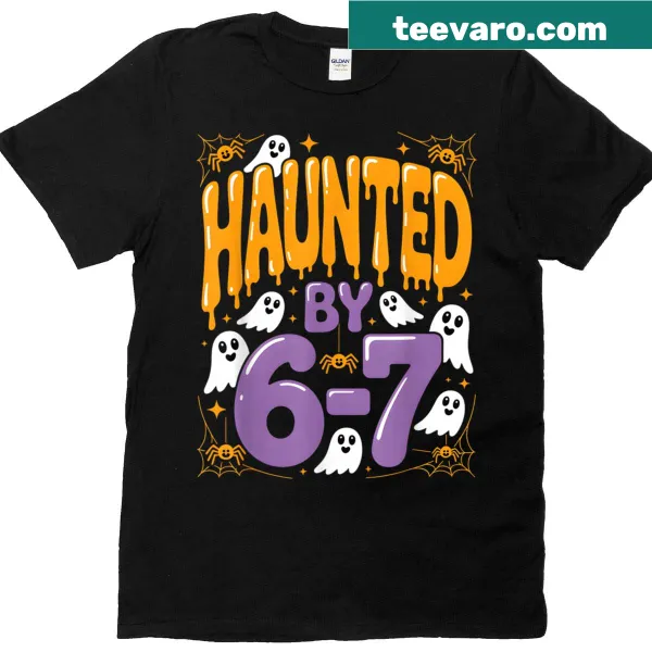 Playful Halloween T-shirt featuring ghosts and spiders theme