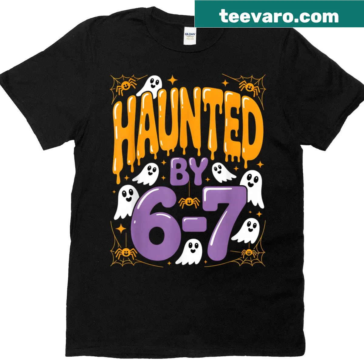 Playful Halloween T-shirt featuring ghosts and spiders theme — on a men's t-shirt