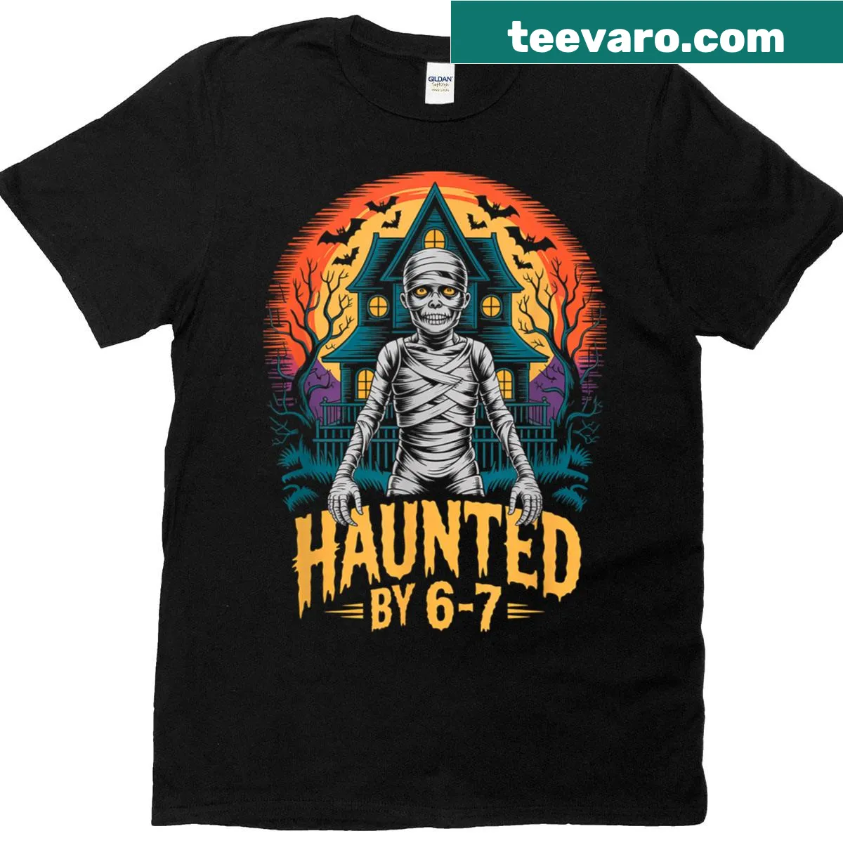Vintage-style Haunted By 6 7 mummy T-shirt graphic — on a men's t-shirt