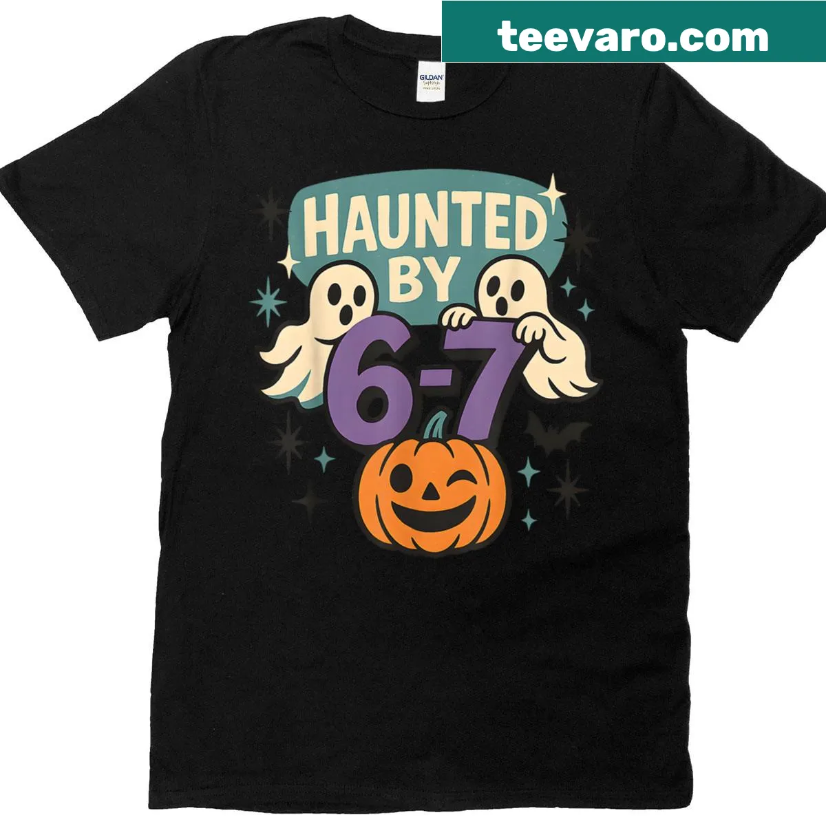 Funny cartoon Halloween t-shirt with ghosts and pumpkins for kids — on a men's t-shirt