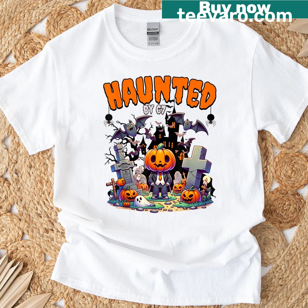 Funny Halloween T-shirt featuring a ghost and pumpkin theme — on a men's t-shirt