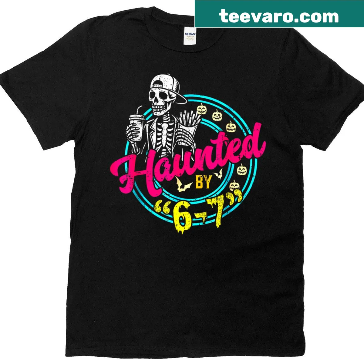 Funny Halloween T-shirt with illustration of a skeleton and pumpkin — on a men's t-shirt